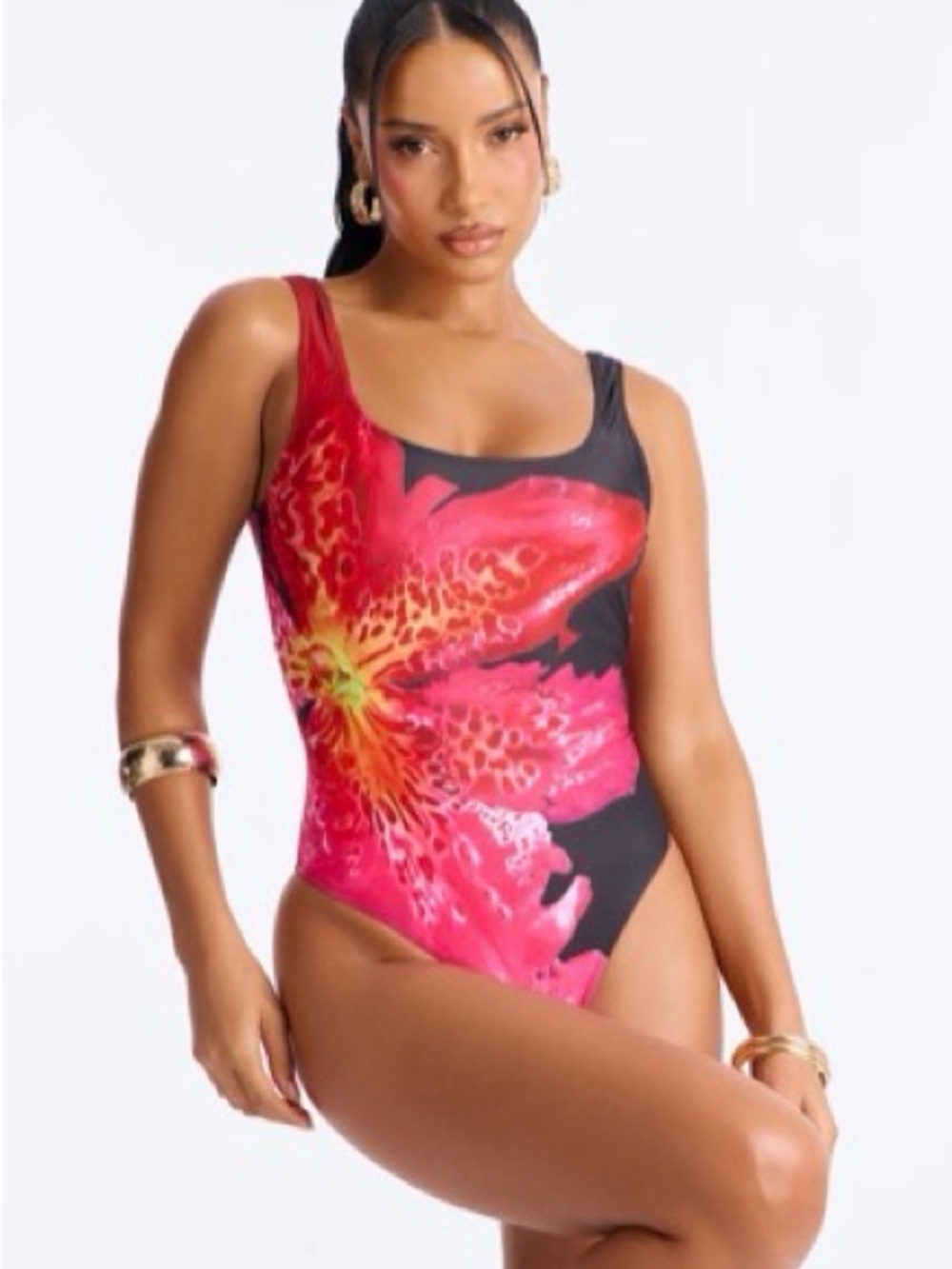 Fashion Nova Black One-Piece Swimsuit with Bright Pink Floral Splash